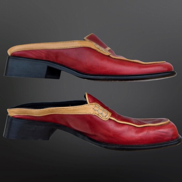 Vintage Simard Red Slip On Loafers Mules Size 38 US 7.5 Leather Square Toe Italy - Picture 6 of 11